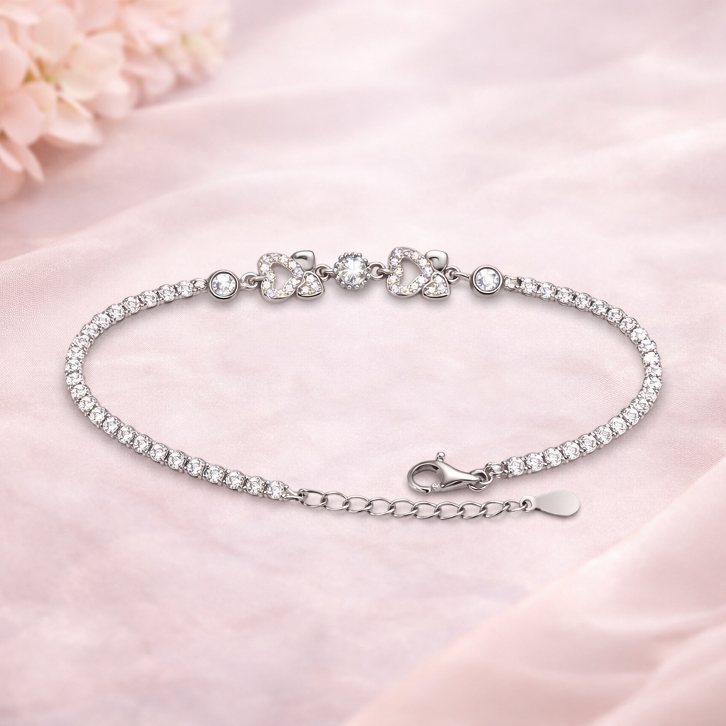 Sparkling Double Heart Silver Tennis Bracelet