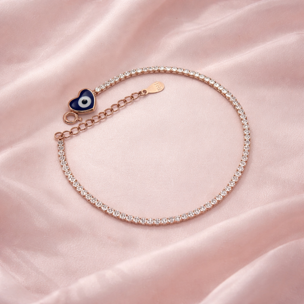 Silver Heart Evil Eye Tennis Bracelet