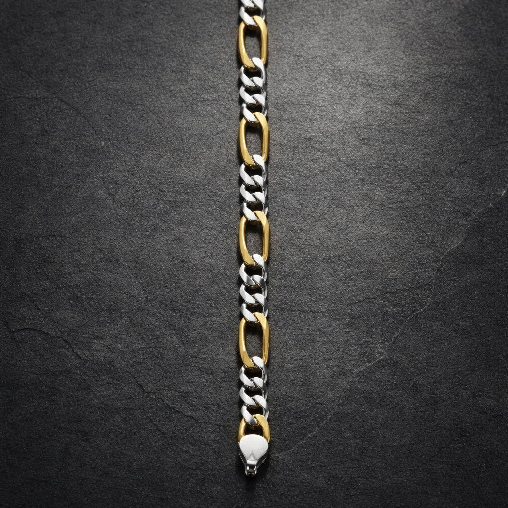 Two-Tone Figaro Chain Silver Bracelet for Men
