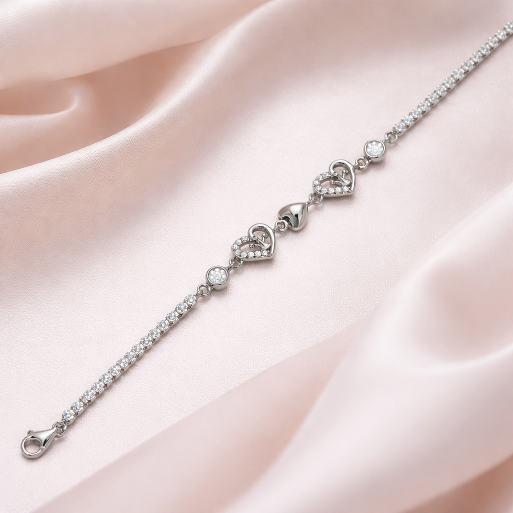 Interlocking Heart Charm Silver Tennis Bracelet