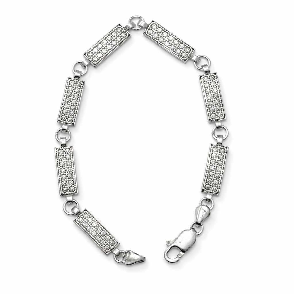 Men's Pavé Bar Link Silver Bracelet