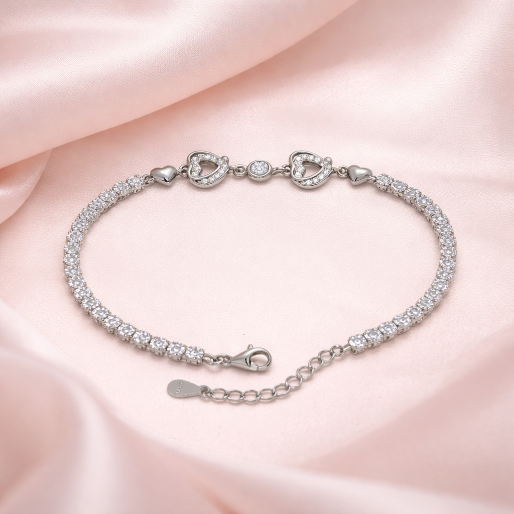 Double Heart Silver Tennis Bracelet