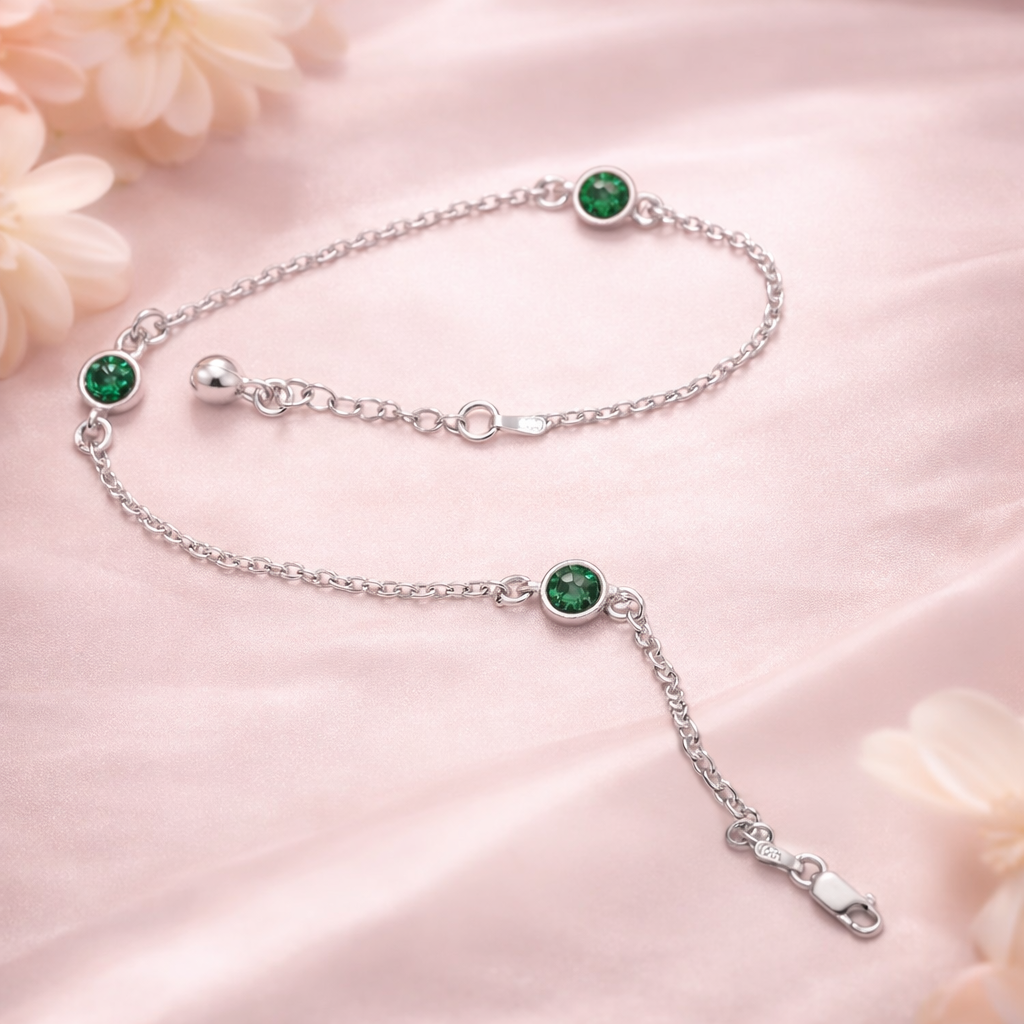 Silver Bezel Set Emerald Green Anklet