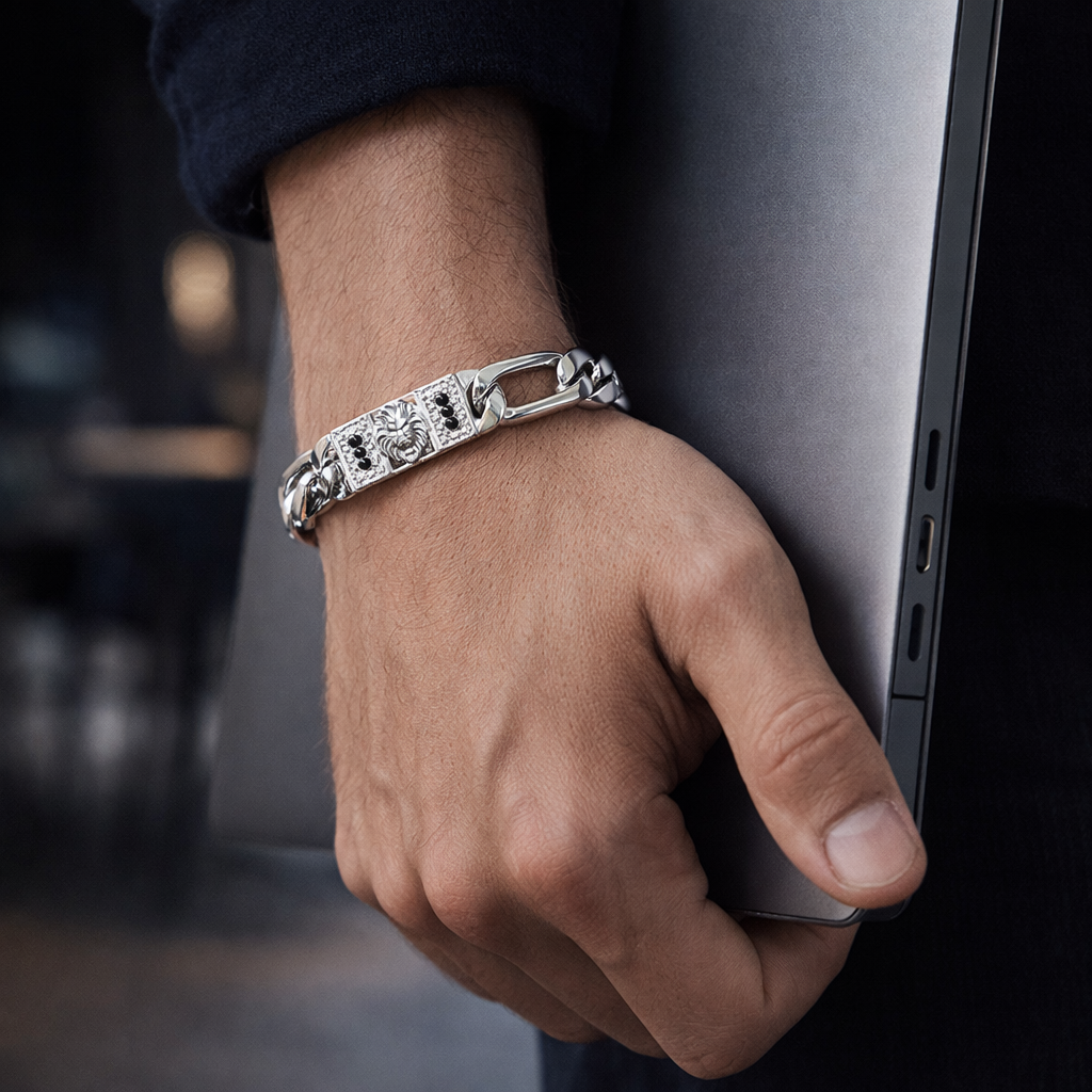 Lion Motif Silver Figaro Curb Bracelet with Black Accents