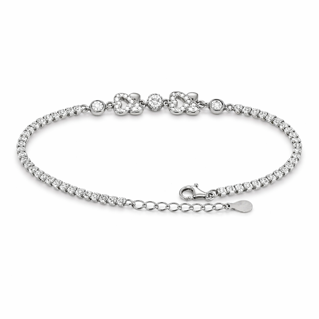 Sparkling Double Heart Silver Tennis Bracelet