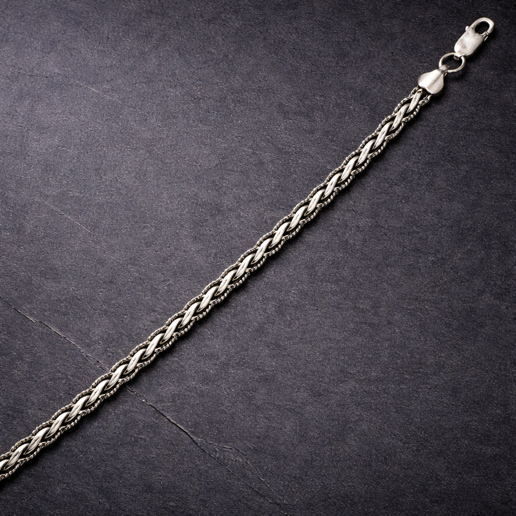 Men's Braided Silver Wheat Chain Bracelet