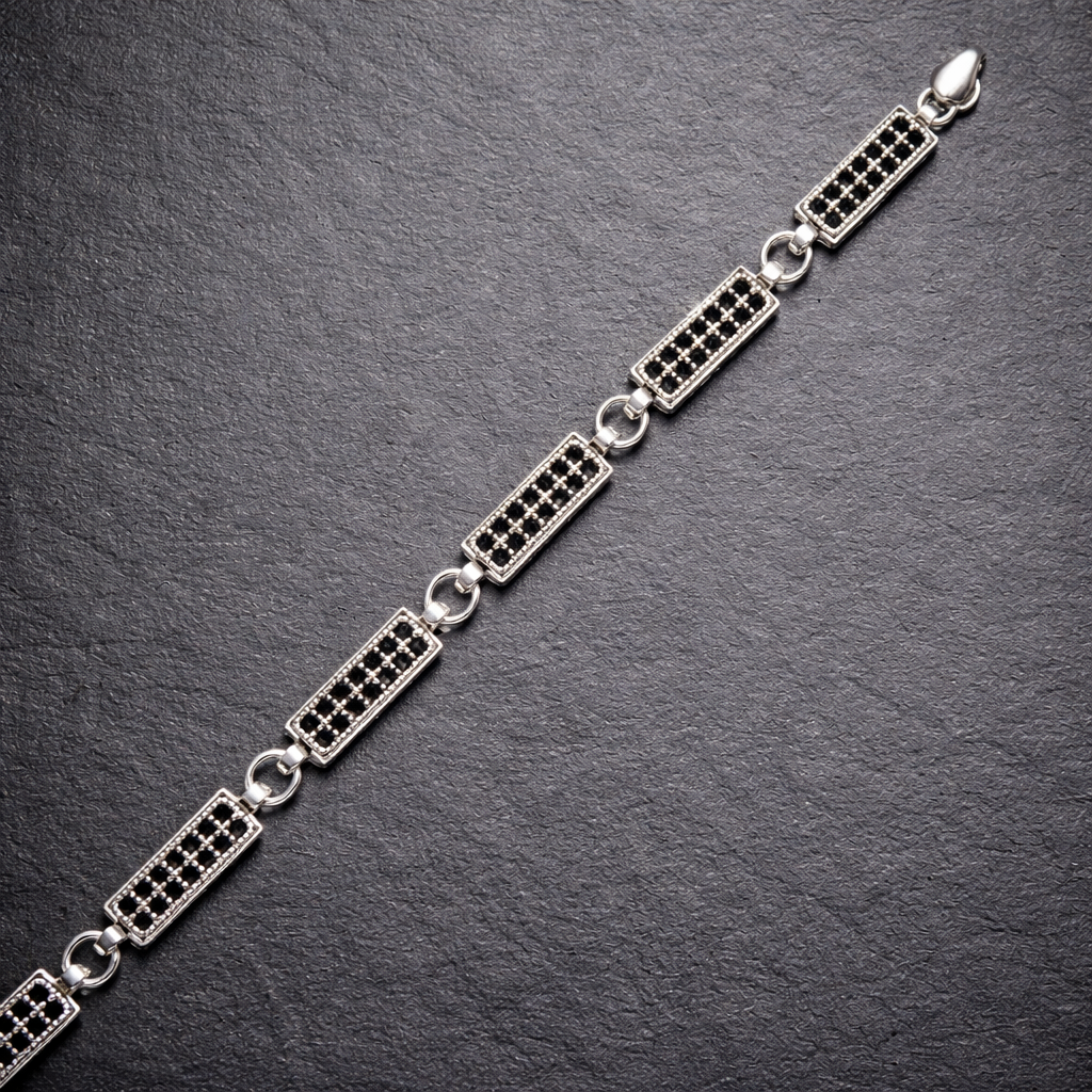 Geometric Silver Bar Bracelet with Black Zircon for Men