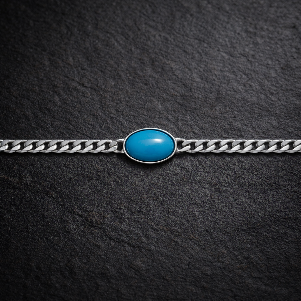 Men's Silver Curb Link Bracelet with Oval Turquoise