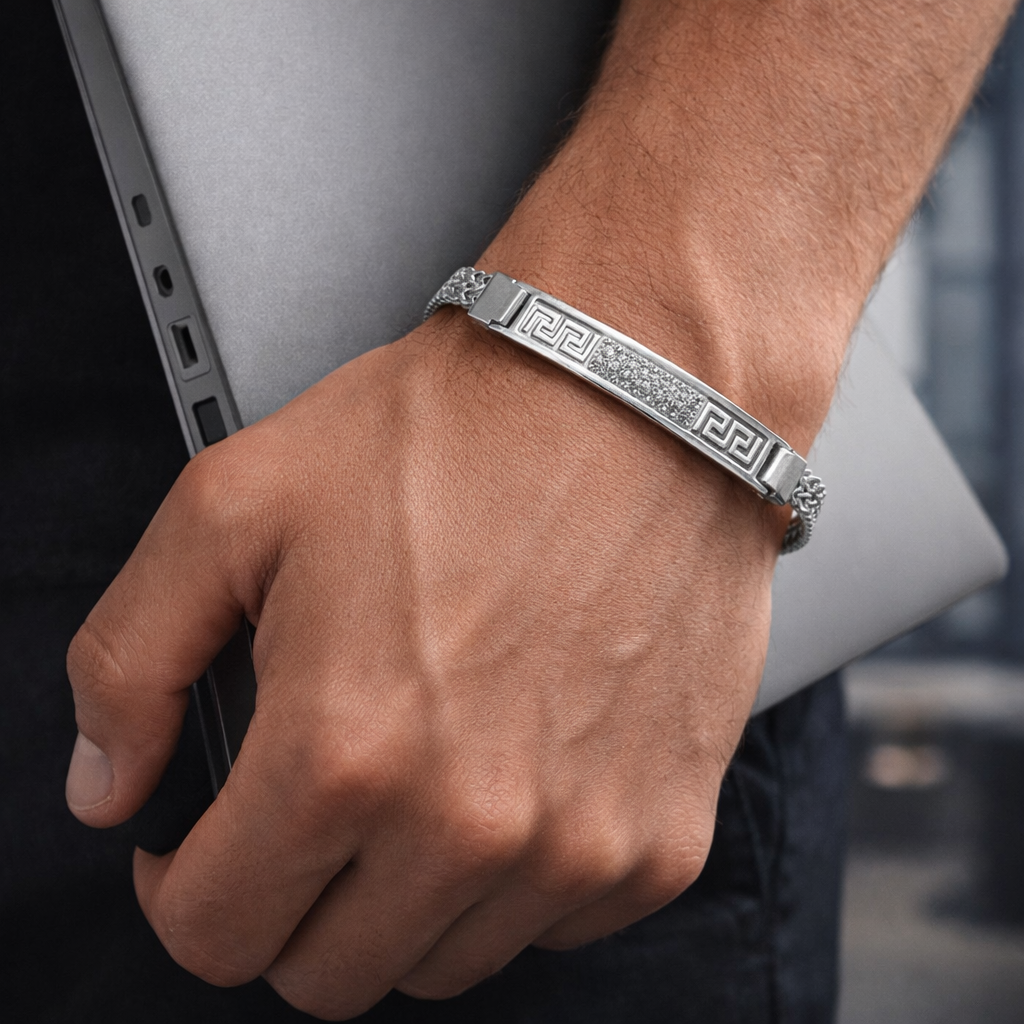 Silver Greek Key ID Bracelet for Men