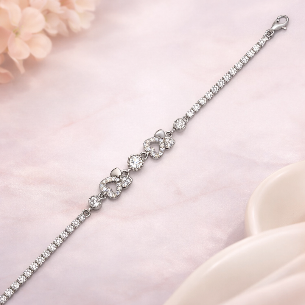 Sparkling Double Heart Silver Tennis Bracelet