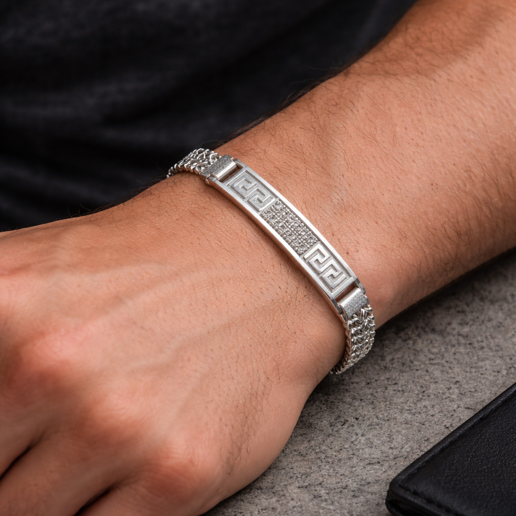 Silver Greek Key ID Bracelet for Men
