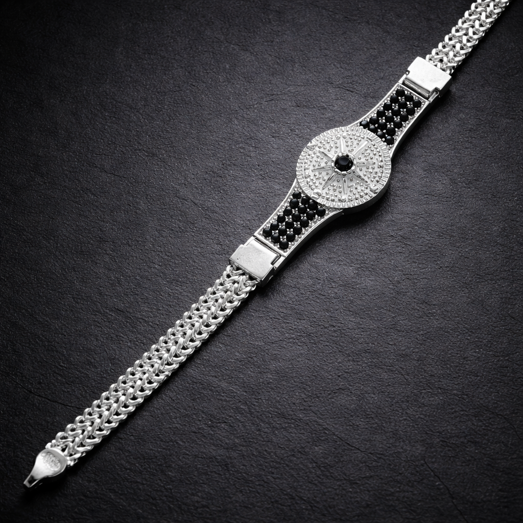 Celestial Compass Men's Silver Bracelet with Black Accents