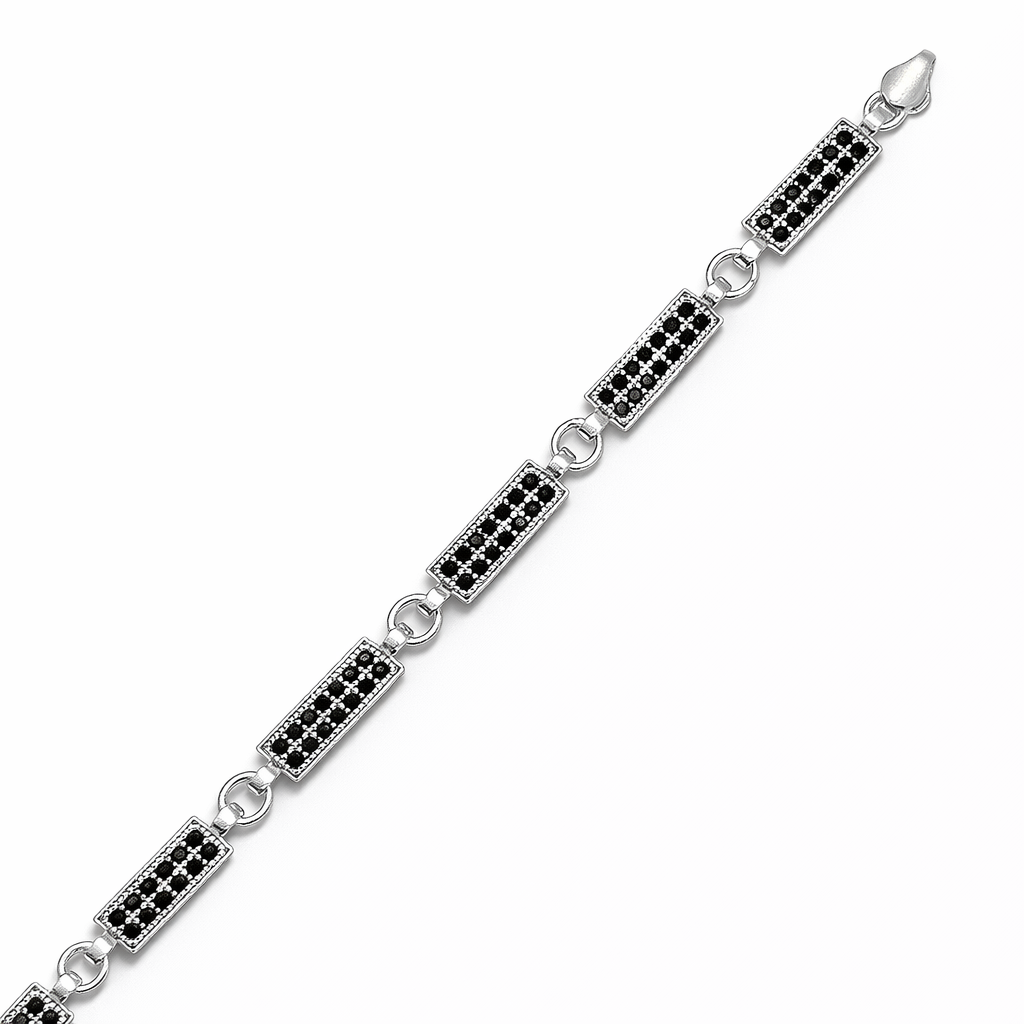 Geometric Silver Bar Bracelet with Black Zircon for Men