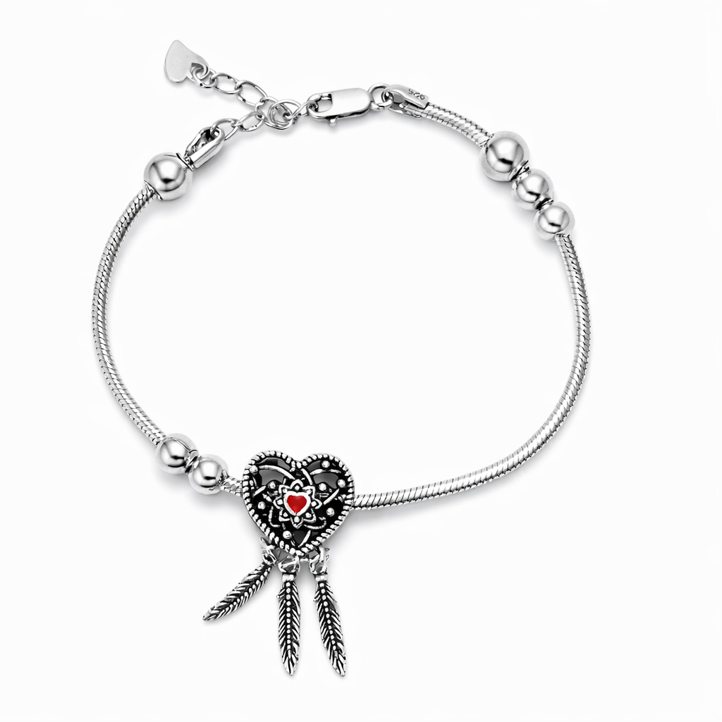 Dreamcatcher Heart Silver Bracelet with Red Accent and Feathers