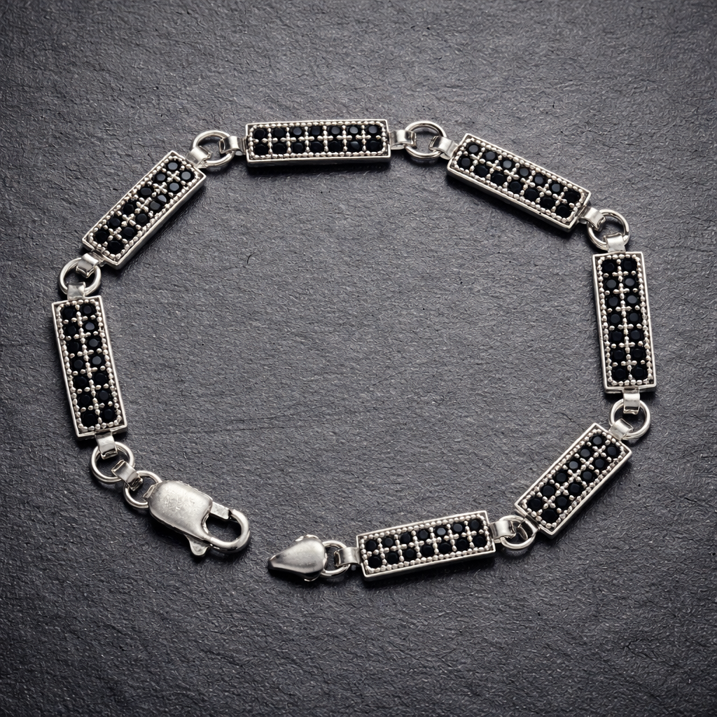 Geometric Silver Bar Bracelet with Black Zircon for Men