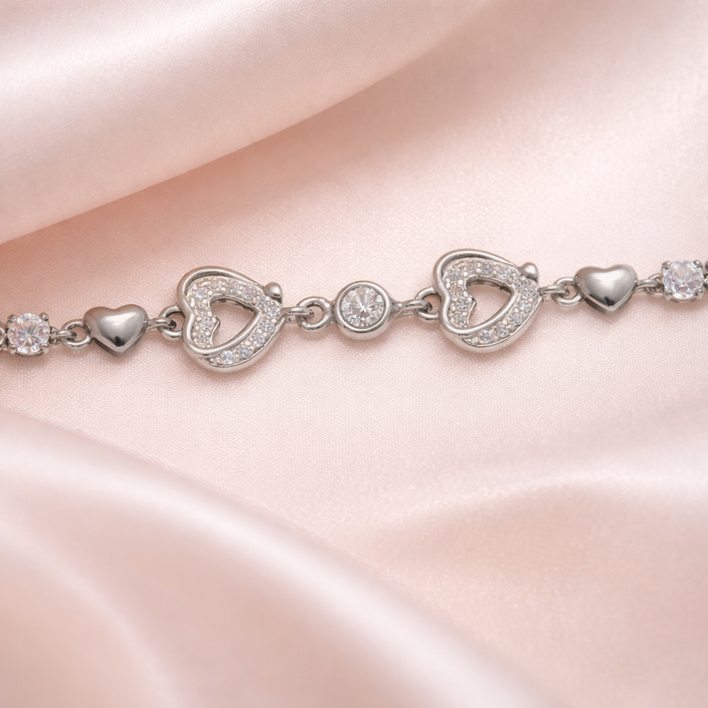 Double Heart Silver Tennis Bracelet
