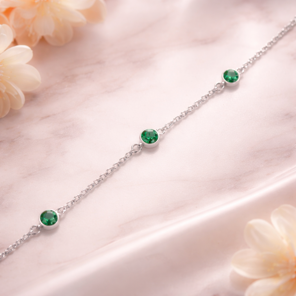 Silver Bezel Set Emerald Green Anklet