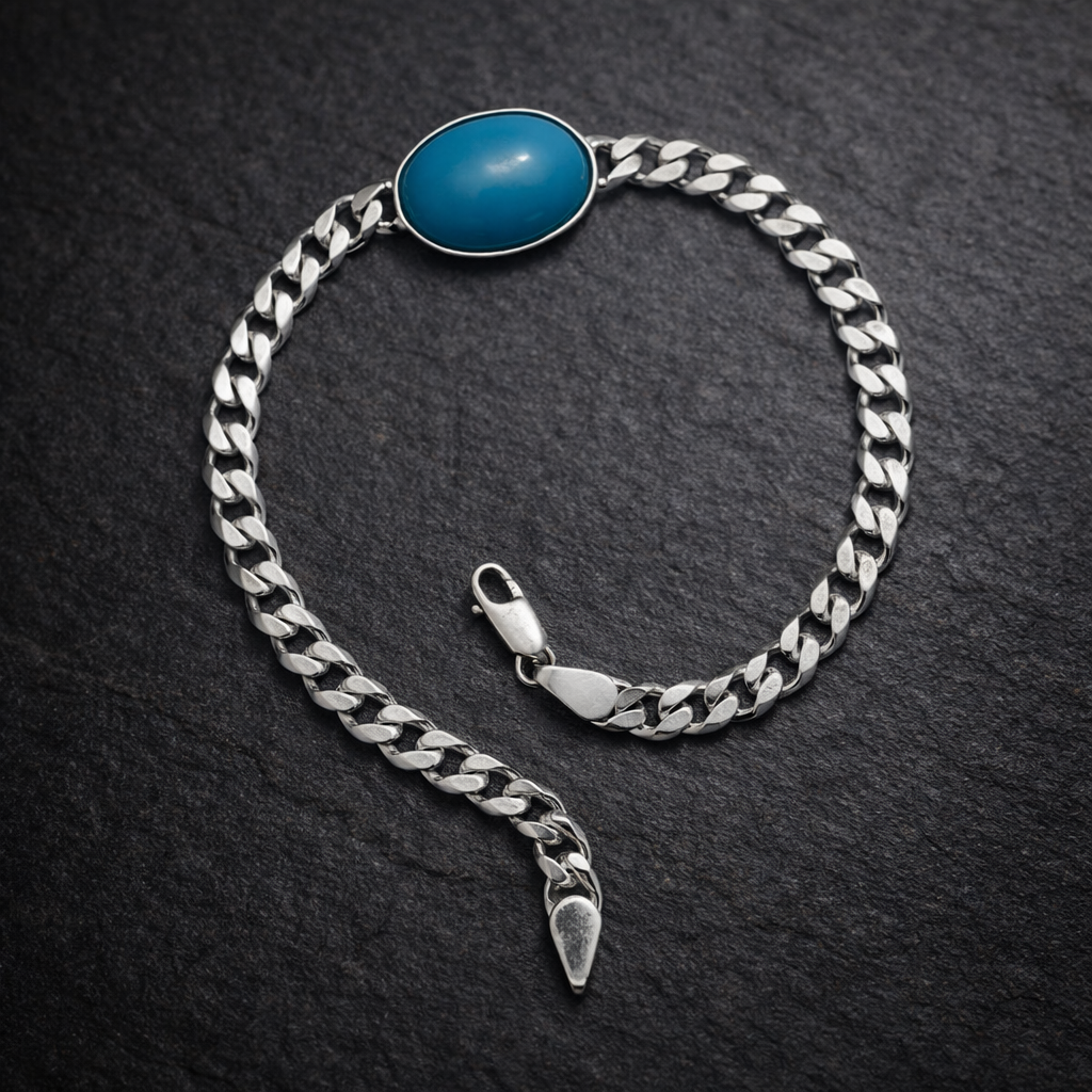 Men's Silver Curb Link Bracelet with Oval Turquoise