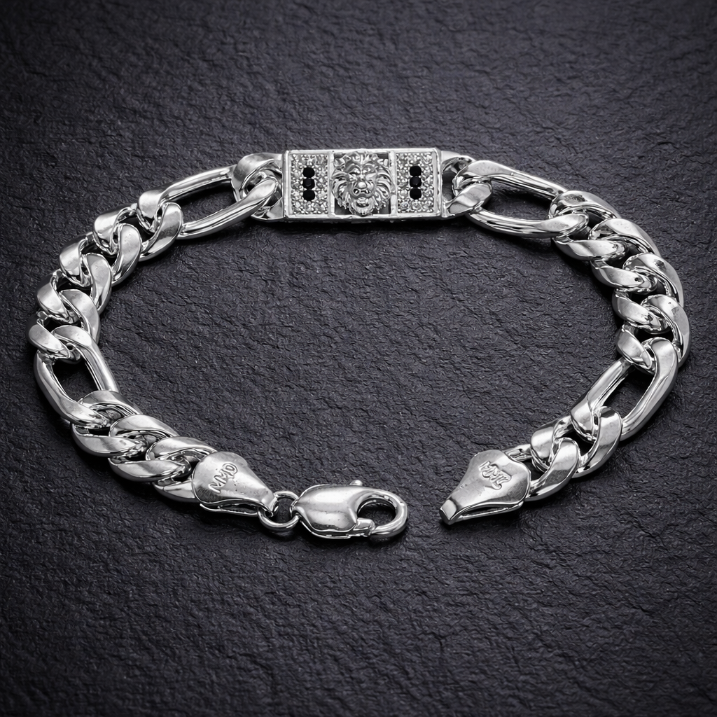 Lion Motif Silver Figaro Curb Bracelet with Black Accents