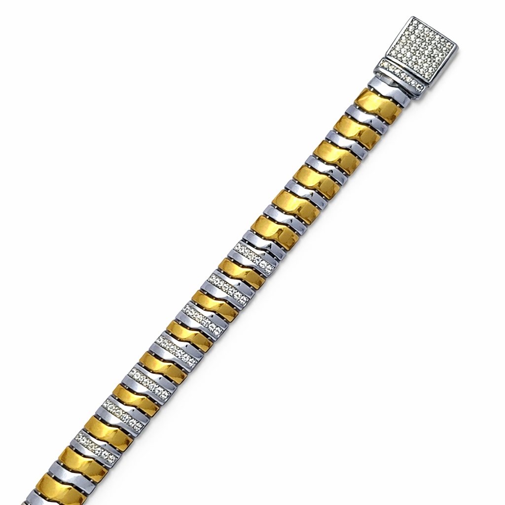 Two-Tone Silver Statement Link Bracelet with Stone Accents
