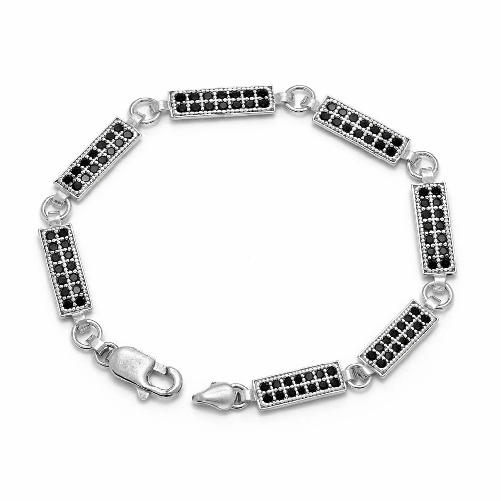 Geometric Silver Bar Bracelet with Black Zircon for Men