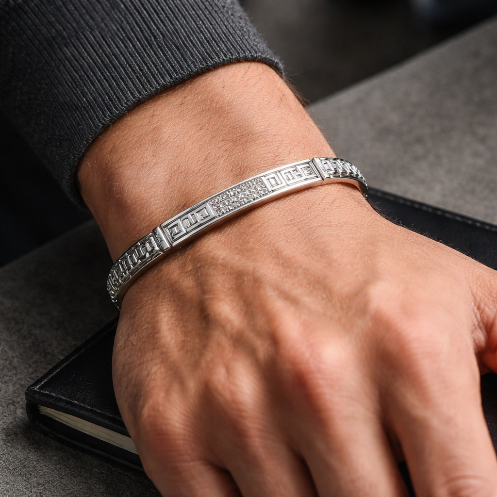 Silver Greek Key ID Bracelet for Men