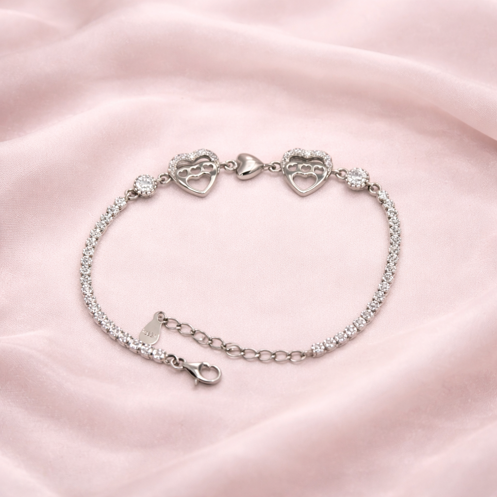 Elegant Silver Sparkling Heart Charm Bracelet