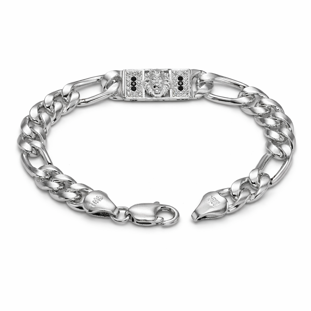 Lion Motif Silver Figaro Curb Bracelet with Black Accents
