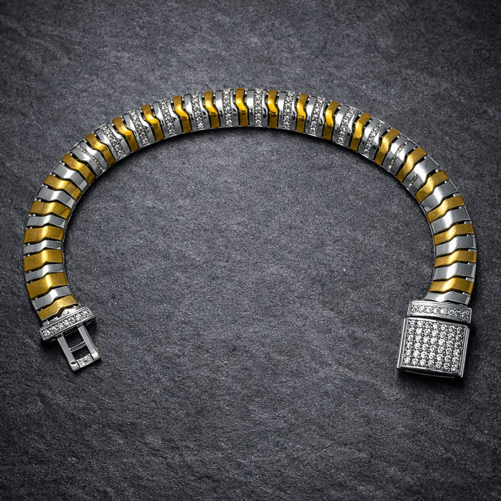 Two-Tone Silver Statement Link Bracelet with Stone Accents