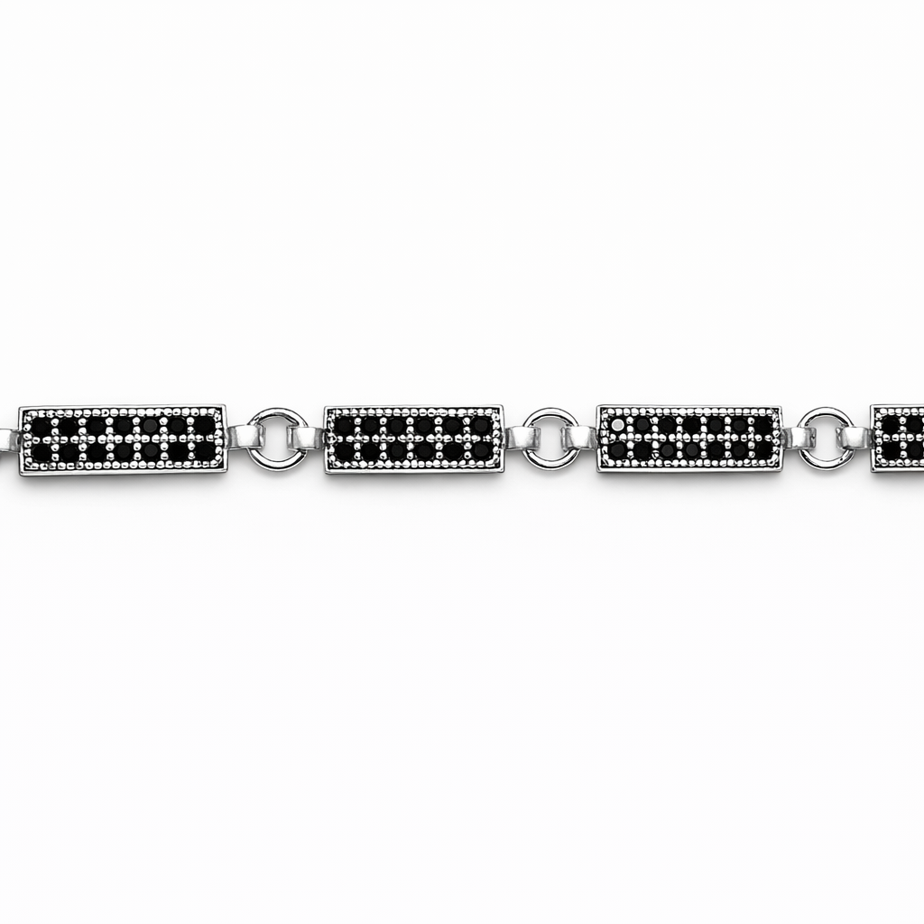 Geometric Silver Bar Bracelet with Black Zircon for Men