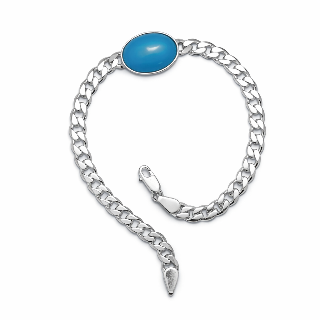 Men's Silver Curb Link Bracelet with Oval Turquoise