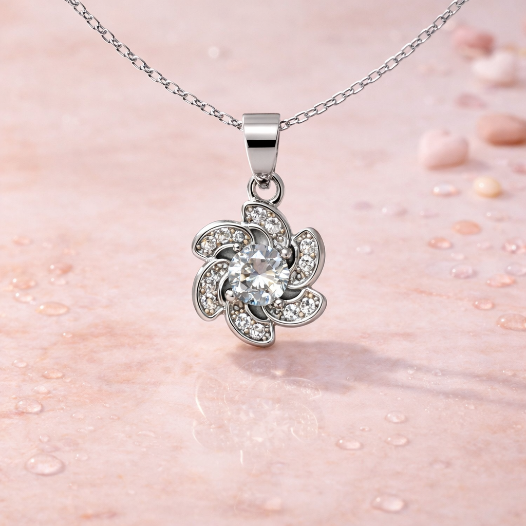 Silver Floral Sparkle Pendant Necklace