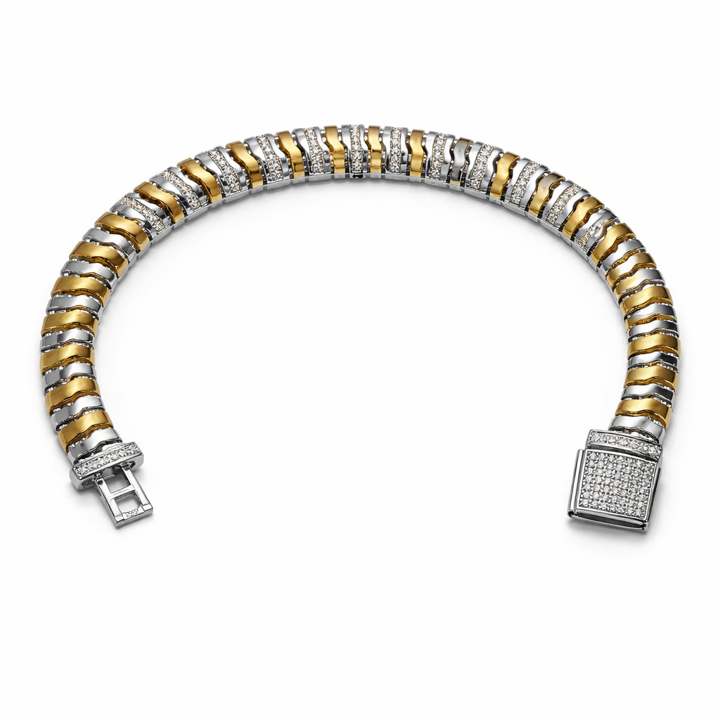 Two-Tone Silver Statement Link Bracelet with Stone Accents
