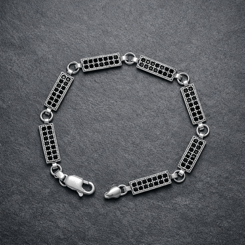 Geometric Silver Bar Bracelet with Black Zircon for Men