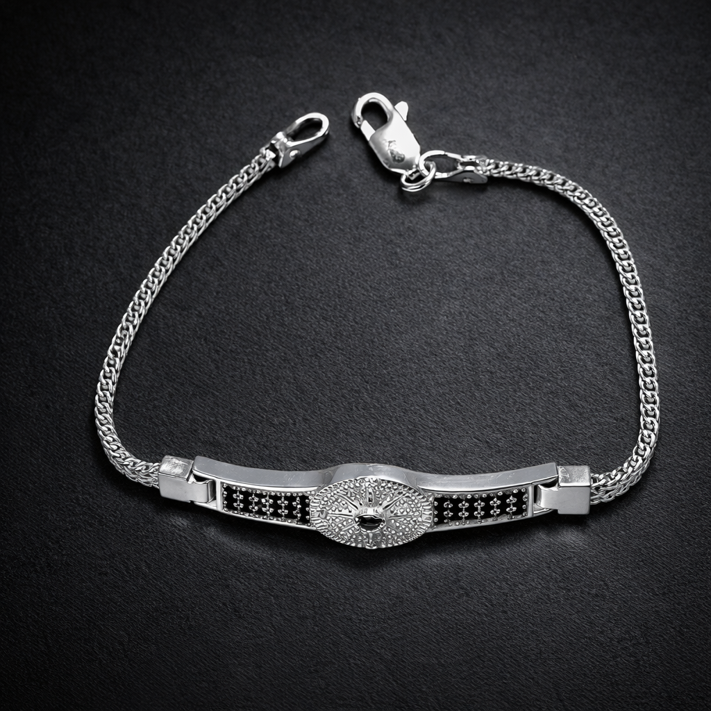 Celestial Compass Men's Silver Bracelet with Black Accents