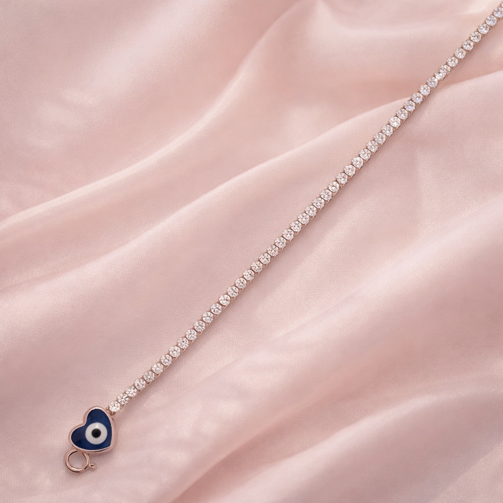 Silver Heart Evil Eye Tennis Bracelet