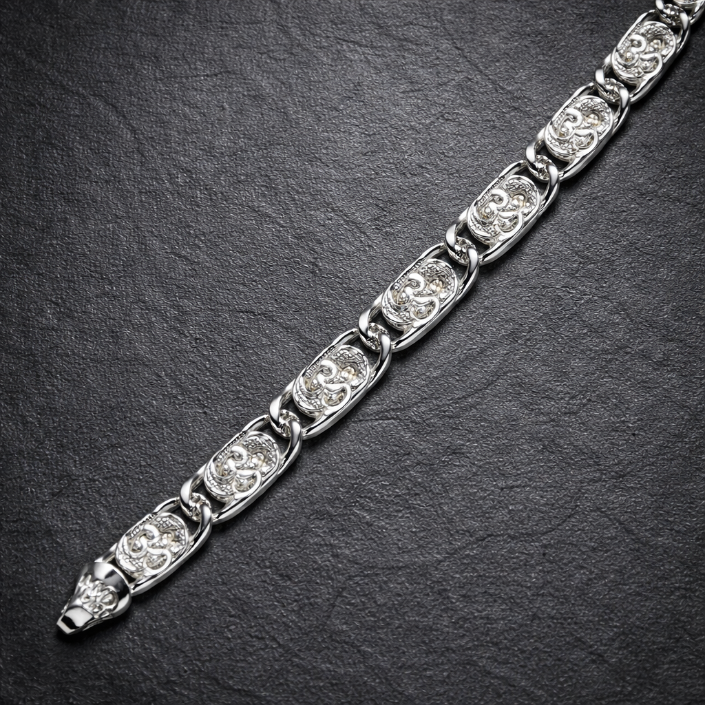 Men's Om Engraved Silver Link Bracelet