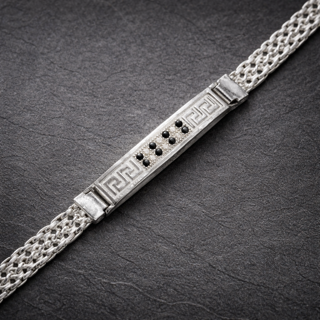 Men's Silver Greek Key Bracelet with Black Stones and Woven Chain