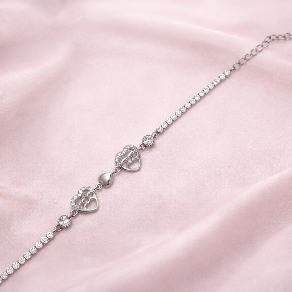 Elegant Silver Sparkling Heart Charm Bracelet