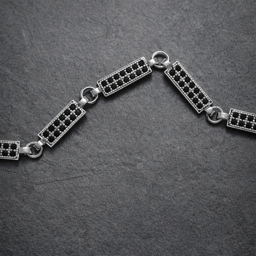 Geometric Silver Bar Bracelet with Black Zircon for Men