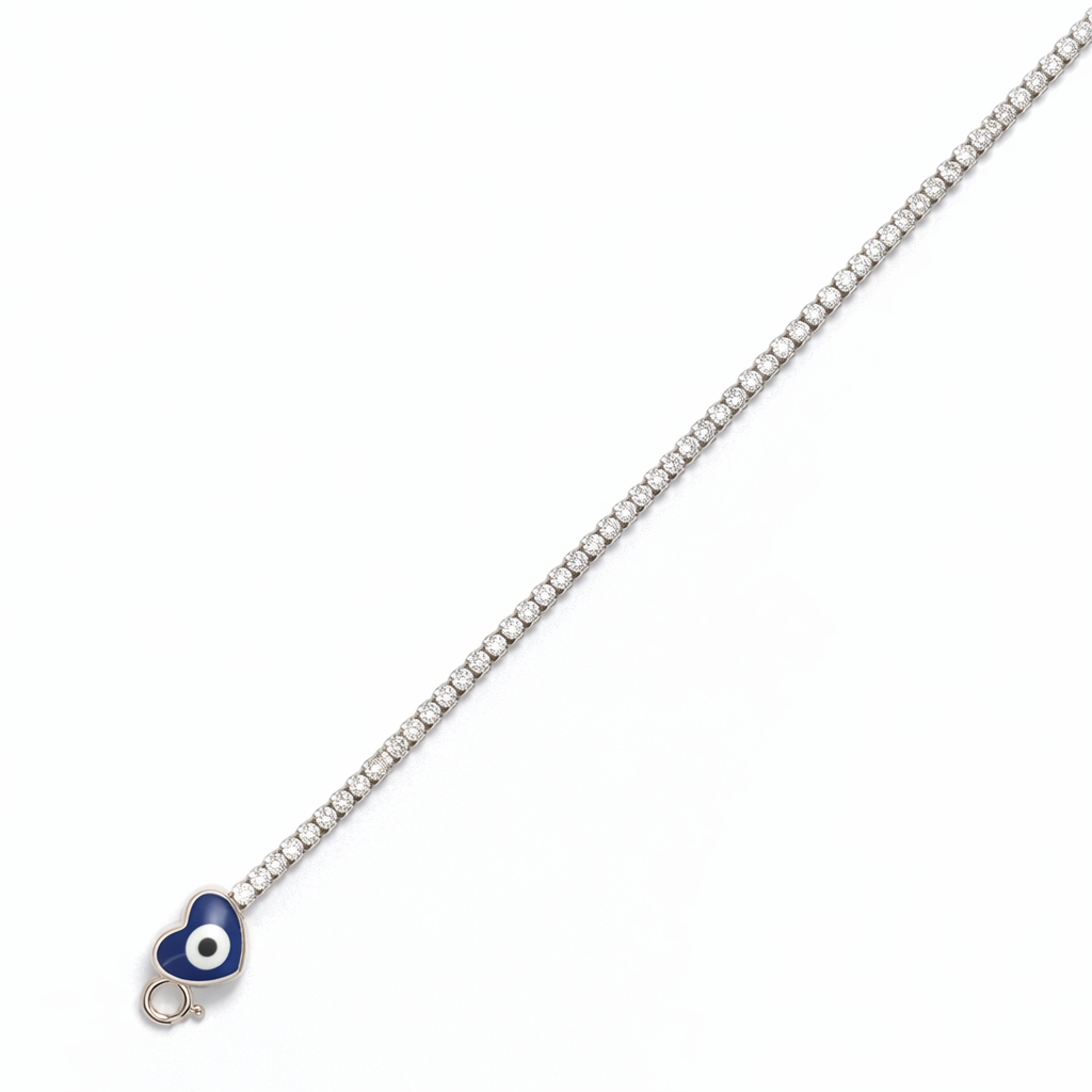 Silver Heart Evil Eye Tennis Bracelet