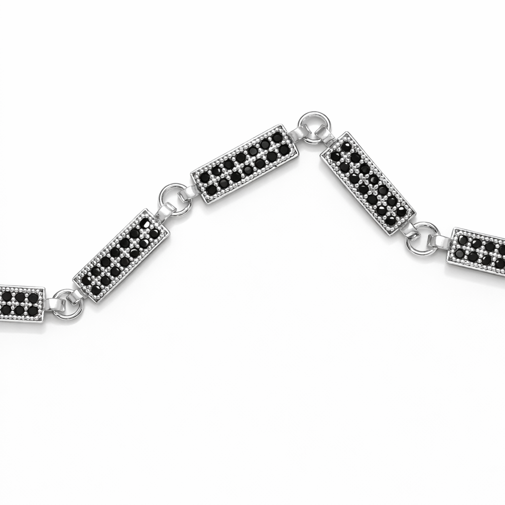 Geometric Silver Bar Bracelet with Black Zircon for Men