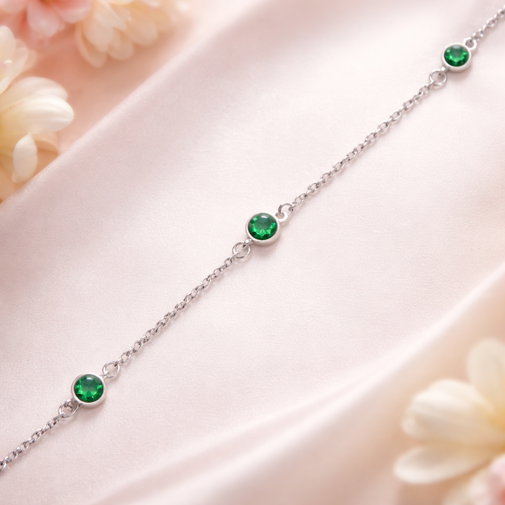 Silver Bezel Set Emerald Green Anklet