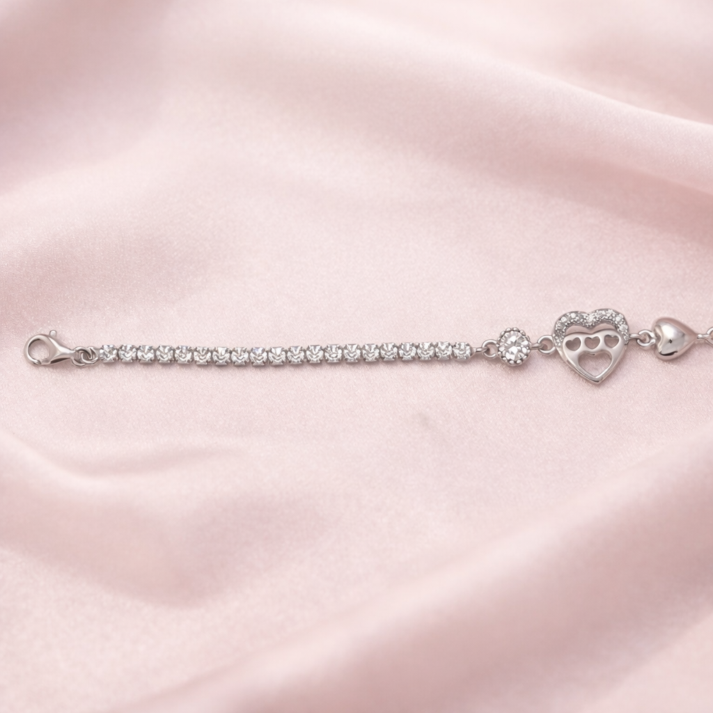 Elegant Silver Sparkling Heart Charm Bracelet