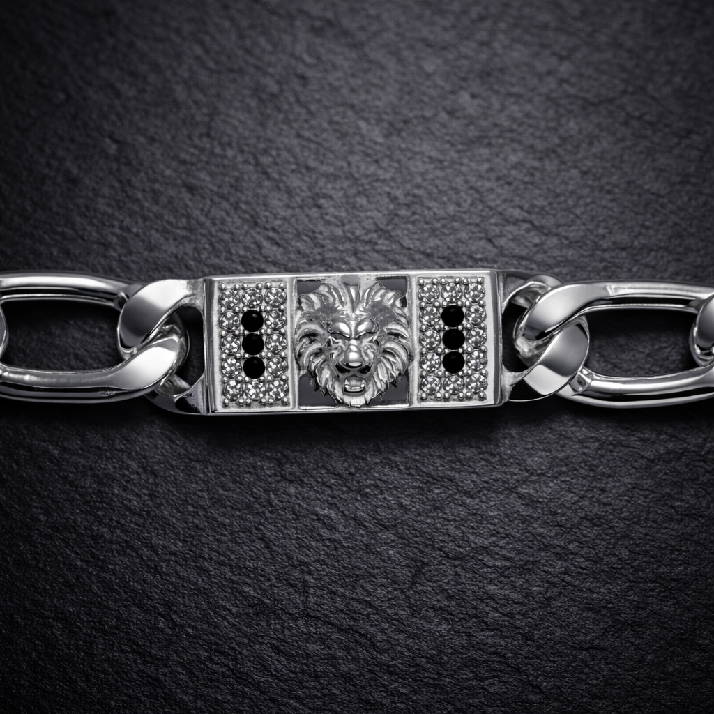 Lion Motif Silver Figaro Curb Bracelet with Black Accents