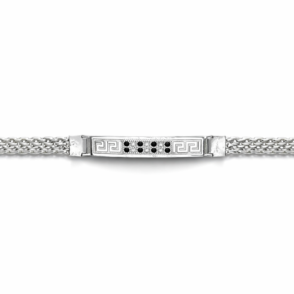 Men's Silver Greek Key Bracelet with Black Stones and Woven Chain