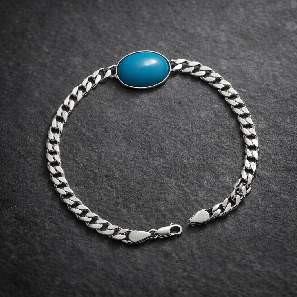 Men's Silver Curb Link Bracelet with Oval Turquoise