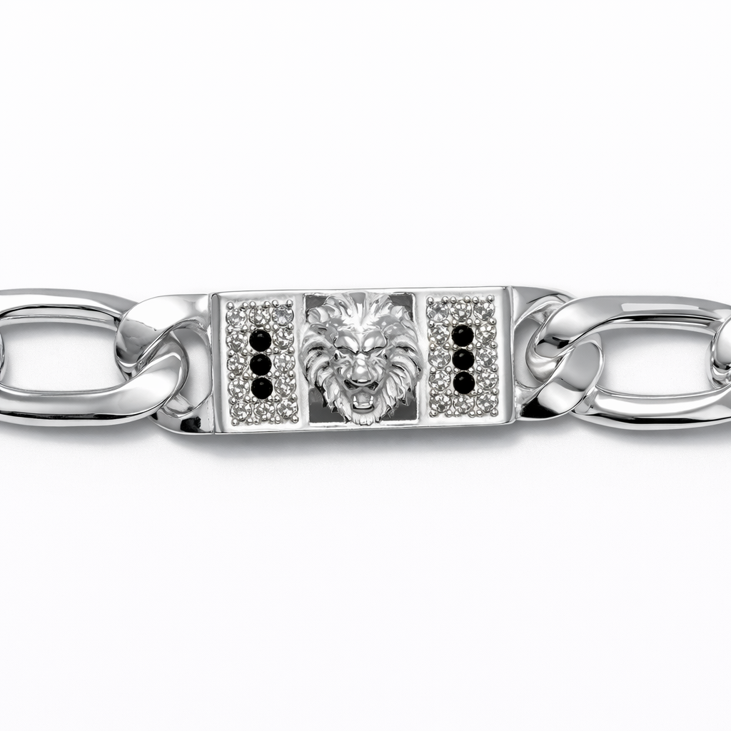 Lion Motif Silver Figaro Curb Bracelet with Black Accents