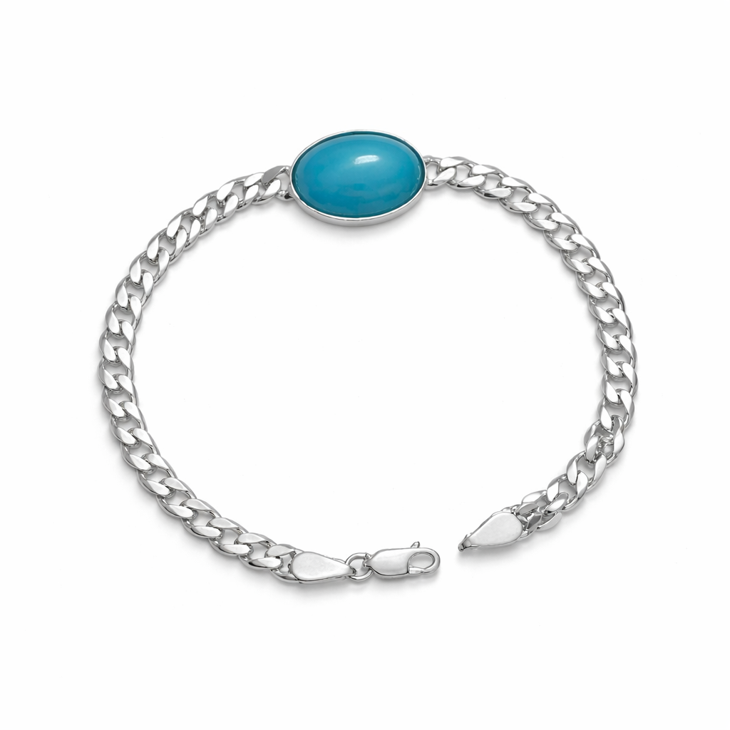 Men's Silver Curb Link Bracelet with Oval Turquoise