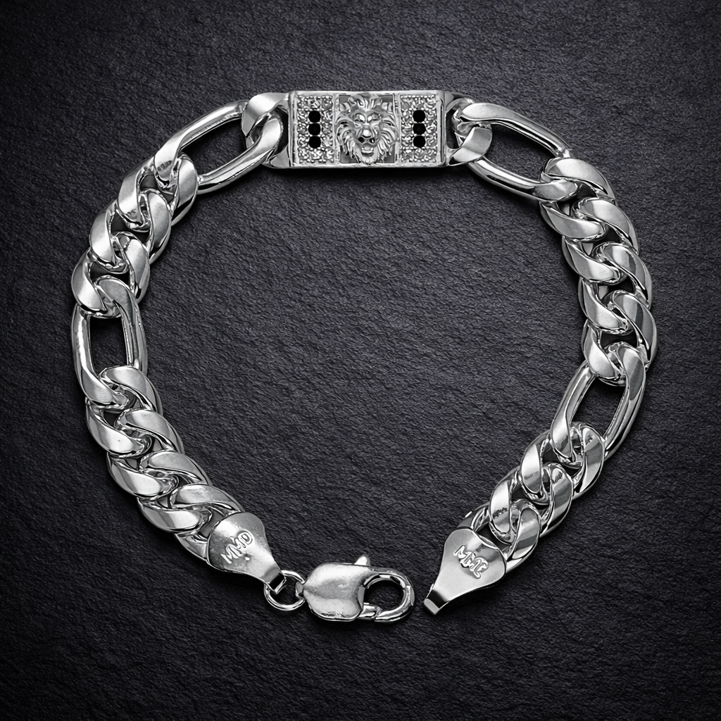 Lion Motif Silver Figaro Curb Bracelet with Black Accents
